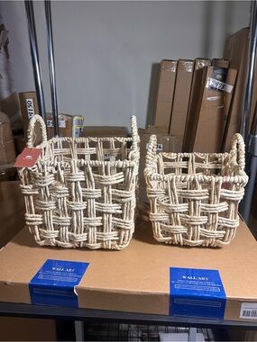 Wicker Picnic Basket Set of 2 with Handle – Handmade Storage Basket